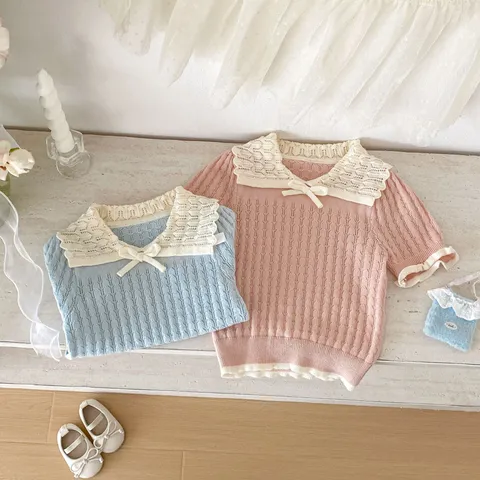 Baby Girls Summer Hollow Out Knit Sweater Short Sleeve Turn Down Collar Sweet Casual Pullover Top Child Clothing