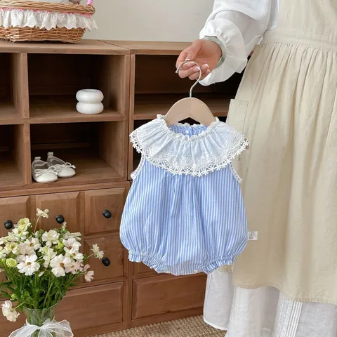 Bambina Estate Tutina A Righe Carino Pizzo Colletto Bambola Neonato Bodysuit Morbido Cotone Neonato Vestiti