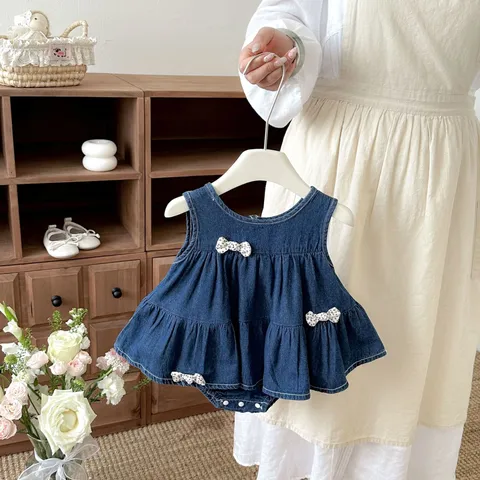 Bambina Jeans Romper Abito Estate Neonato Dolce Fiocco Volant Sovrapposti Senza Maniche Principessa Abito Vestiti