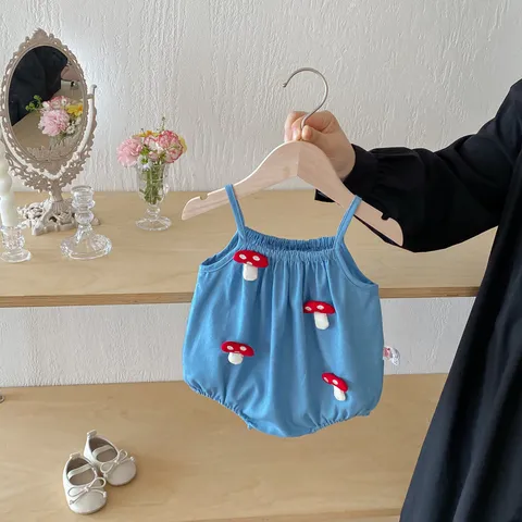 Barboteuse d'Été pour Nouveau-Né Fille Mélange de Coton Mignon Champignon 3D Bretelles Body Nourrisson Décontracté Sans Manches Vêtements