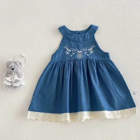 Meisjes Zomer Mouwloos Denim Bloemen Geborduurd Jurk Prinses Zoet Casual Feest Outfit