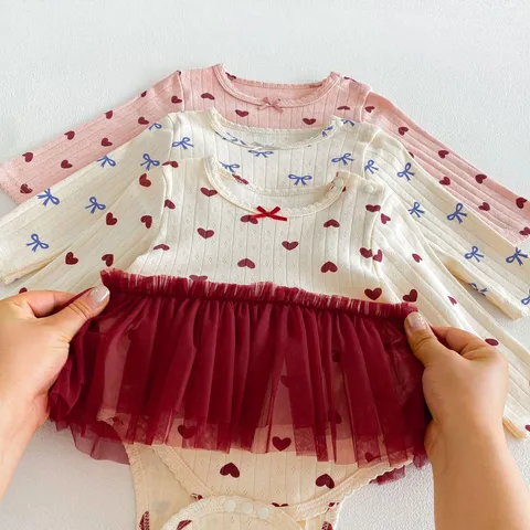 Zuigeling Baby Meisjes Lange Mouw Romper Schattige Hart Strik Print Tutu Jumpsuit Katoen Baby Kleding