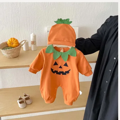 Baby Halloween Pumpkin Romper Hat Outfit Infant Long Sleeve Jumpsuit Festival Baby Boy Girl Clothes Set