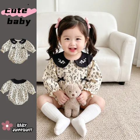 Nourrisson Bébé Fille Grenouillère Manches Longues Imprimé Floral Col Rabattu Nœud Body Coton Combinaison Nouveau-né Vêtements