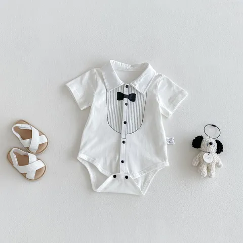 Summer Newborn Baby Boy Gentleman Romper Short Sleeve Cotton Bodysuit First Birthday Party Suit Infant Jumpsuit
