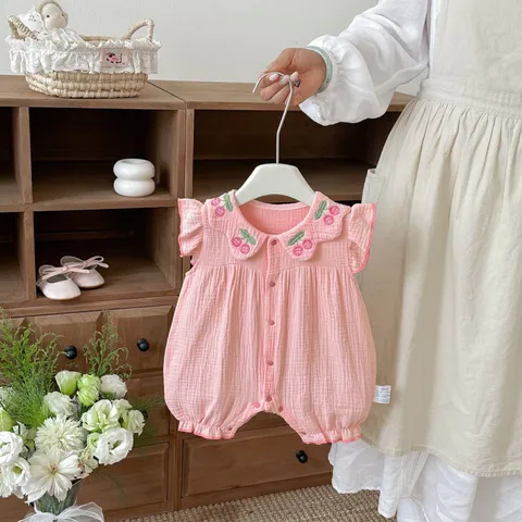 Tutina Estiva per Neonata in Cotone Ricamo di Ciliegie Carino Colletto a Bambola Senza Maniche Stile Coreano Jumpsuit da Neonato