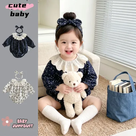 Baby Girls Floral Long Sleeve Romper Infant Toddler Cotton Bodysuit With Lace Collar And Headband Fall