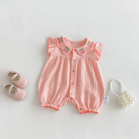 Tutina Estiva per Neonata in Cotone Ricamo di Ciliegie Carino Colletto a Bambola Senza Maniche Stile Coreano Jumpsuit da Neonato