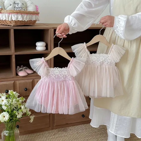 Baby Meisjes Zomer Mesh Kant Geborduurd Mouwloos Prinses Jurk Peuter Verjaardag Feest Doop Jurk Schattige Outfit