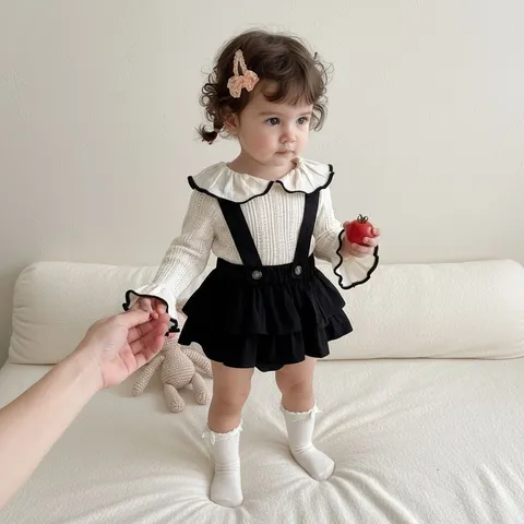 Bimba Bambina Autunno Maglia Colletto Bambola Manica Lunga Top E Pantaloncini Con Bretelle Set Vestiti