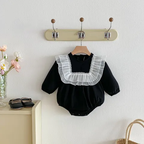 Baby Girls Long Sleeve Romper 100% Cotton Cute Lace Ruffle Collar Infant Bodysuit Newborn Spring Clothing