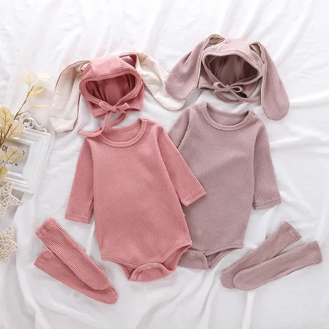 Nourrisson Bébé Printemps Automne Manches Longues Oreilles de Lapin Grenouillère Body Chapeau Chaussettes Ensemble Nouveau-né Coton