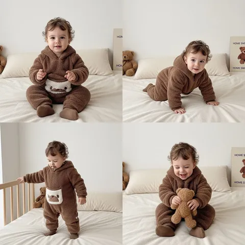 Infant Baby Hooded Warm Romper Cute Bear Design Fleece Winter Long Sleeve Jumpsuit Newborn Boy Girl Outwear Clothing