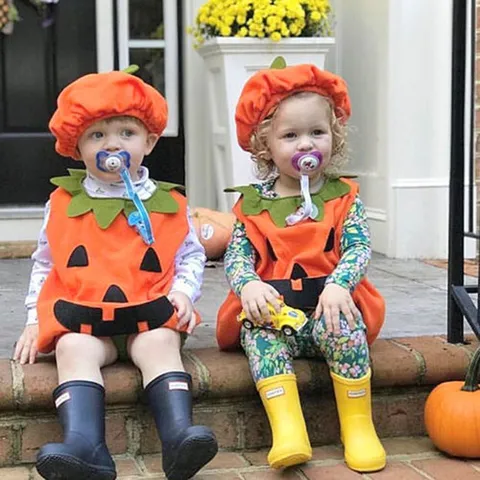 Infant Baby Halloween Pumpkin Costume Romper Hat Shoes Set Newborn Cute Sleeveless Bodysuit Holiday Party Outfit