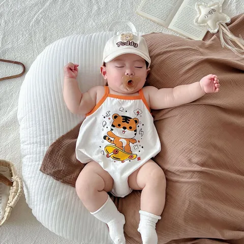 Bimba Neonato Estate Cotone Senza Maniche Carino Cartoon Tigre Stampa Tutina Neonato Infantile Casuale Body Un Pezzo