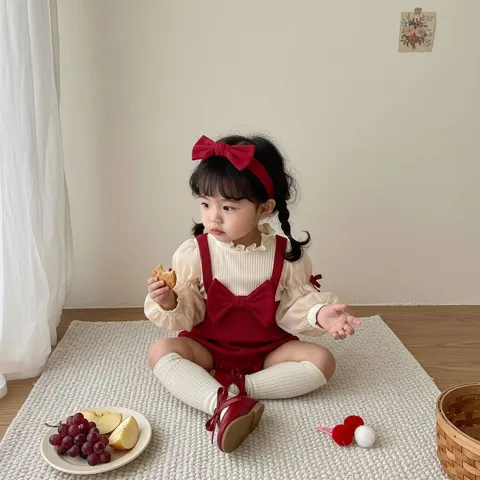Neonato Bambina Manica Lunga Romper Fiocco Rosso Colletto Volant Cotone Bodysuit Neonato Primavera Autunno