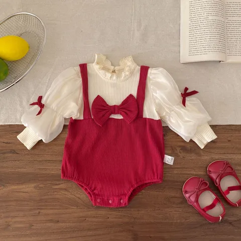 Neonato Bambina Manica Lunga Romper Fiocco Rosso Colletto Volant Cotone Bodysuit Neonato Primavera Autunno