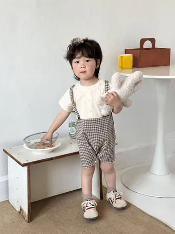 Infant Baby Boy Girl Summer Short Sleeve Romper Korean Style Doll Collar Plaid Jumpsuit Newborn Cotton Clothes
