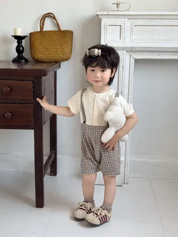 Infant Baby Boy Girl Summer Short Sleeve Romper Korean Style Doll Collar Plaid Jumpsuit Newborn Cotton Clothes