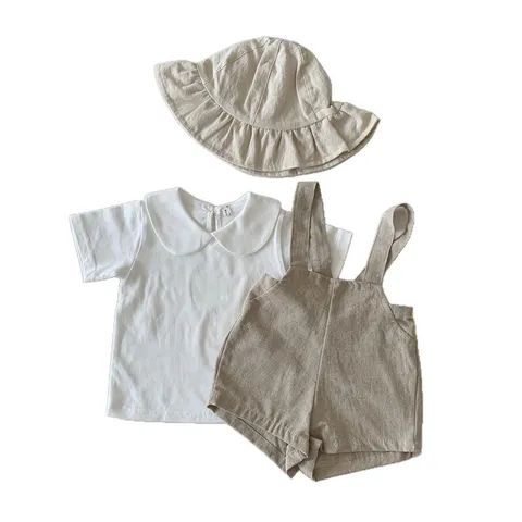 Baby Summer Cotton Romper Set Infant Short Sleeve TShirt With Strap Shorts And Hat Korean Style Cute Kids Clothing Outfit
