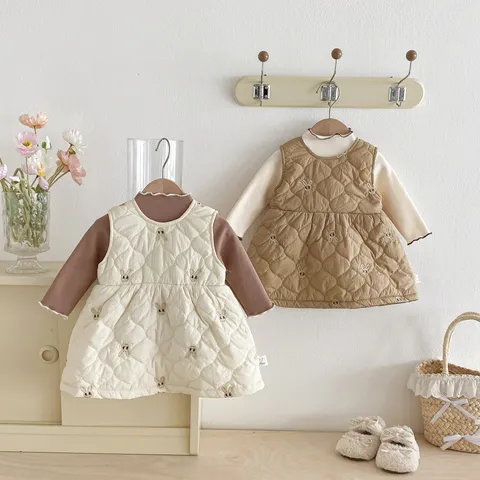 Infant Baby Girls Fleece Lined Vest Dress And Long Sleeve Top Cute Cartoon Embroidery Winter Warm Clothing Set
