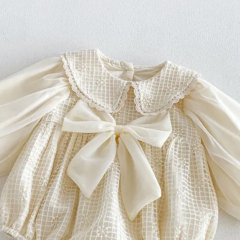 Grenouillère à Manches Longues pour Bébé Fille Doux Col Claudine Dentelle Maille Princesse Nouveau-né Bébé Combi Vêtements d'Automne