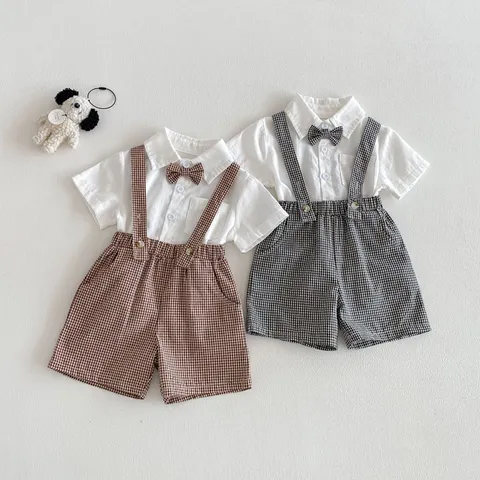 Toddler Baby Boys Summer Short Sleeve Shirt Plaid Suspenders Shorts Outfit Set Children Cotton Two Piece Clothes
