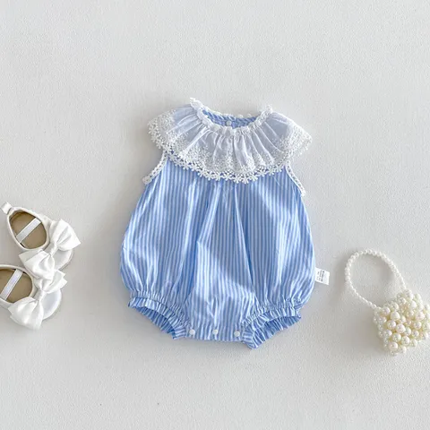 Bambina Estate Tutina A Righe Carino Pizzo Colletto Bambola Neonato Bodysuit Morbido Cotone Neonato Vestiti