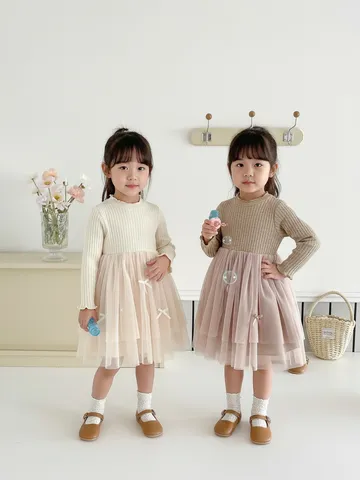 Bambina Vestito Manica Lunga Tinta Unita Costine Bordo in Legno Giuntato Abito ad A Primavera Abbigliamento Bambini