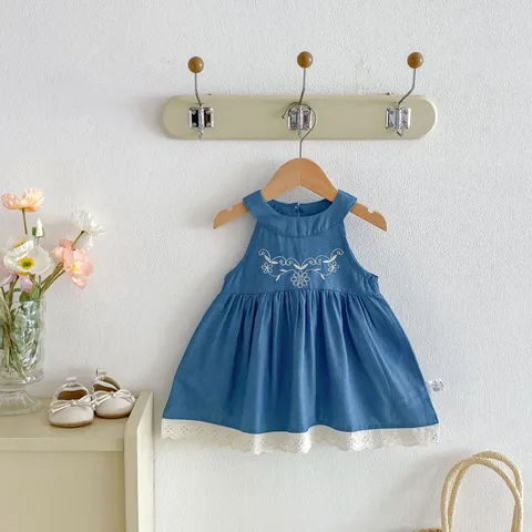 Meisjes Zomer Mouwloos Denim Bloemen Geborduurd Jurk Prinses Zoet Casual Feest Outfit