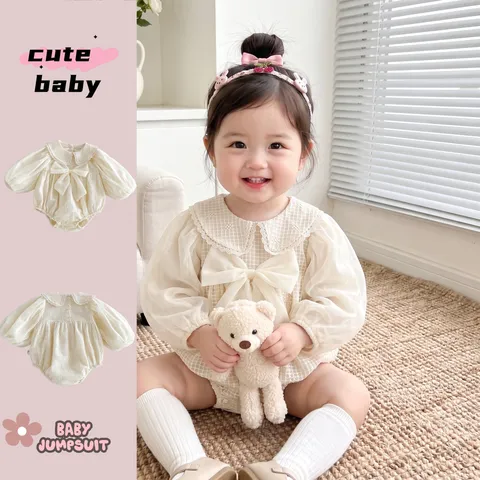 Grenouillère à Manches Longues pour Bébé Fille Doux Col Claudine Dentelle Maille Princesse Nouveau-né Bébé Combi Vêtements d'Automne