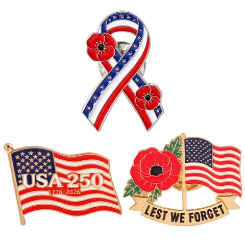 Fashion Alloy Enamel Poppy Flower American Flag Memorial Brooch Pin Lest We Forget Badge Accessories Gift