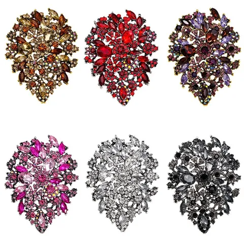 Vintage Exaggerated Zinc Alloy Rhinestone Flower Brooch For Women Crystal Cluster Floral Brooch Pin For Coat Suit Dress Decoration Jewelry Gift