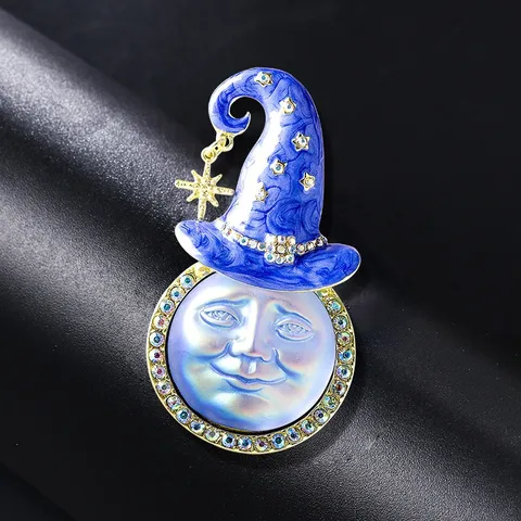 Broche Épingle Vintage en Alliage avec Strass Chapeau de Sorcier Lune Souriante Émail Bleu Rose Personnage de Dessin Animé Bijou de Mode