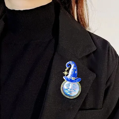 Broche Épingle Vintage en Alliage avec Strass Chapeau de Sorcier Lune Souriante Émail Bleu Rose Personnage de Dessin Animé Bijou de Mode