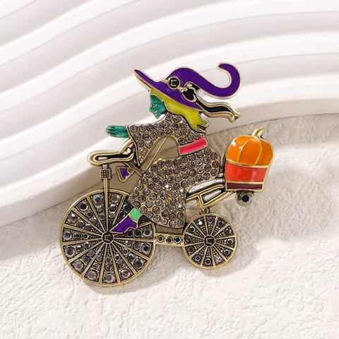 Halloween Witch Riding Bicycle Brooch Zinc Alloy Rhinestone Enamel Pumpkin Pin Fashion Jewelry Gift For Women Men