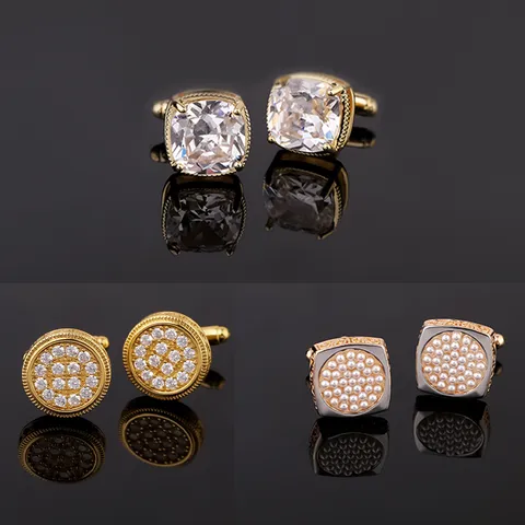 Boutons de Manchette Formels d'Affaires pour Hommes Ton Or Carré Rond Zirconia Perle Artificielle Accessoires de Chemise