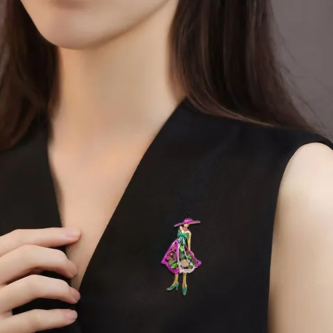Fashion Elegant Lady Brooch Pin Zinc Alloy Rhinestone Enamel Cartoon Character Clothes Anti Glare Badge Jewelry