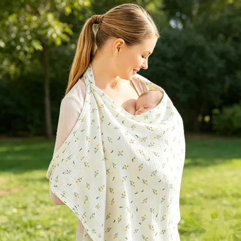 Cotton Muslin Nursing Cover Print Double Layer Gauze Infant Stroller Sunshade Blanket Adjustable Privacy Feeding Wrap For Outdoor Travel Mother Baby