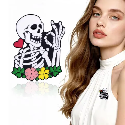 Halloween Cartoon Skeleton Enamel Brooch Personalized Metal Badge Creative Letter Pattern Denim Jacket Bag Clothes Lapel Pin Accessories Jewelry Gift For Unisex