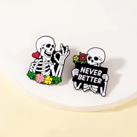 Halloween Cartoon Skeleton Enamel Brooch Personalized Metal Badge Creative Letter Pattern Denim Jacket Bag Clothes Lapel Pin Accessories Jewelry Gift For Unisex
