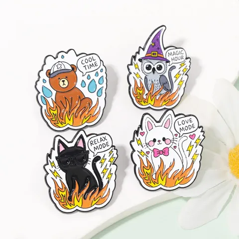 Cute Cartoon Cat Owl Bear Enamel Brooch Pin Flame Lightning Letter Badge Denim Jacket Backpack Clothes Accessory Halloween Jewelry Gift For Kids Unisex