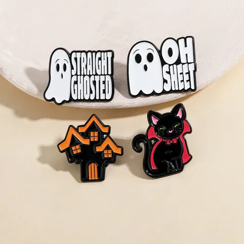 Halloween Cartoon Black Cat Ghost Enamel Pin Spooky House Badge Creative Letter Brooches For Party Clothing Accessories