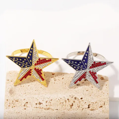 American Flag Star Napkin Ring Rhinestone Zinc Alloy Electroplated Decorative Napkin Holder For Independence Day Banquet Restaurant Party Table Decor