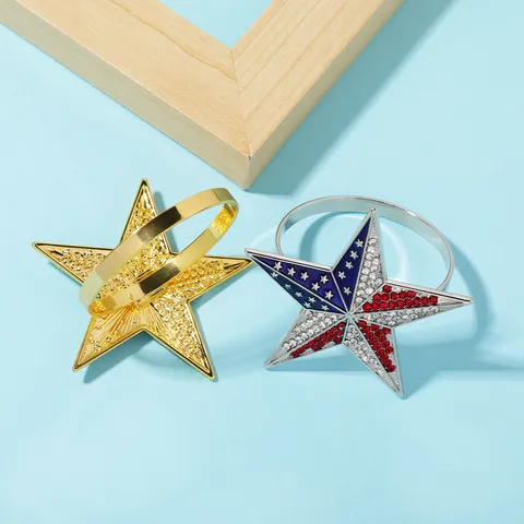 American Flag Star Napkin Ring Rhinestone Zinc Alloy Electroplated Decorative Napkin Holder For Independence Day Banquet Restaurant Party Table Decor