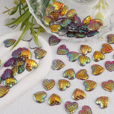Colorful Heart Resin Flatback Charms Gradient Fish Scale DIY Jewelry Making Accessories Craft Embellishments