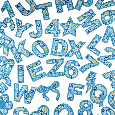 Blue Floral Self-Adhesive English Letters Numbers Embroidered Patches DIY Applique For Clothing Backpacks