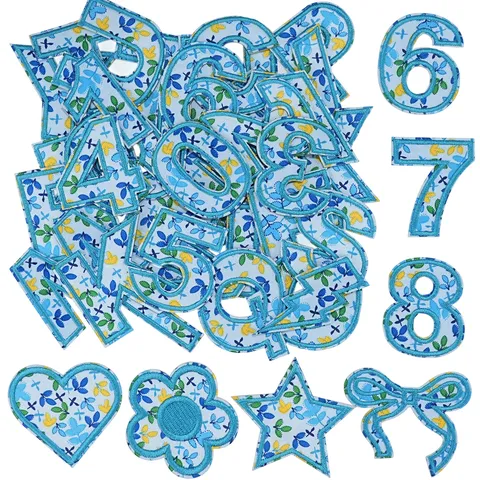 Blue Floral Self-Adhesive English Letters Numbers Embroidered Patches DIY Applique For Clothing Backpacks