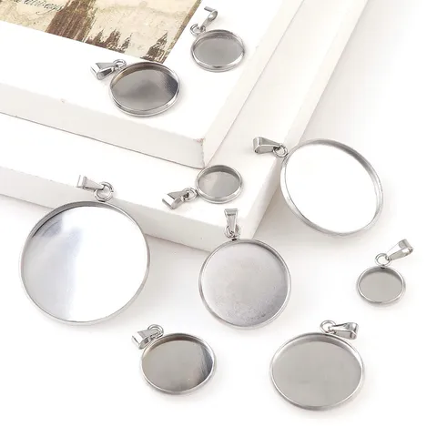 Stainless Steel Round Pendant Trays Blank Bezel Settings With Bail Set For DIY Necklace Jewelry Making