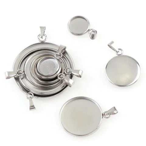 Stainless Steel Round Pendant Trays Blank Bezel Settings With Bail Set For DIY Necklace Jewelry Making